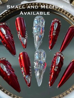 Red Stiletto hand made Press-On Nails with Iridescent Accent
